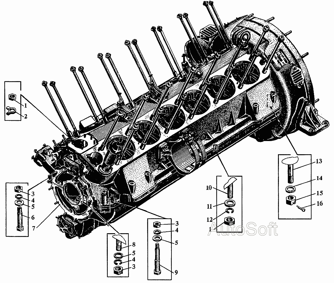 Крепление двигателя на автомобилях: МАЗ-642208, МАЗ-543208 и МАЗ-642205, 543205 с КП МАЗ-543205